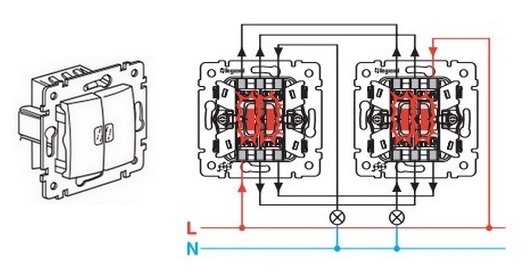 Двухклавишные выключатели. Схема подключения двухклавишного проходного выключателя